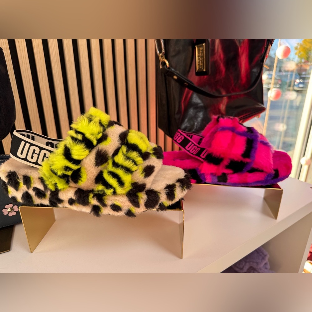 UGG Neon Yellow and Pink Kids Fuzzy Sandals